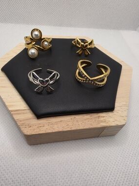 Gold and Silver Bow & Pearl Ring Set - Elegant Women's Jewelry